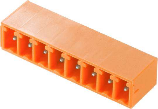 Oranžový konektor s ôsmimi kontaktmi, vhodný pre elektrické obvody.