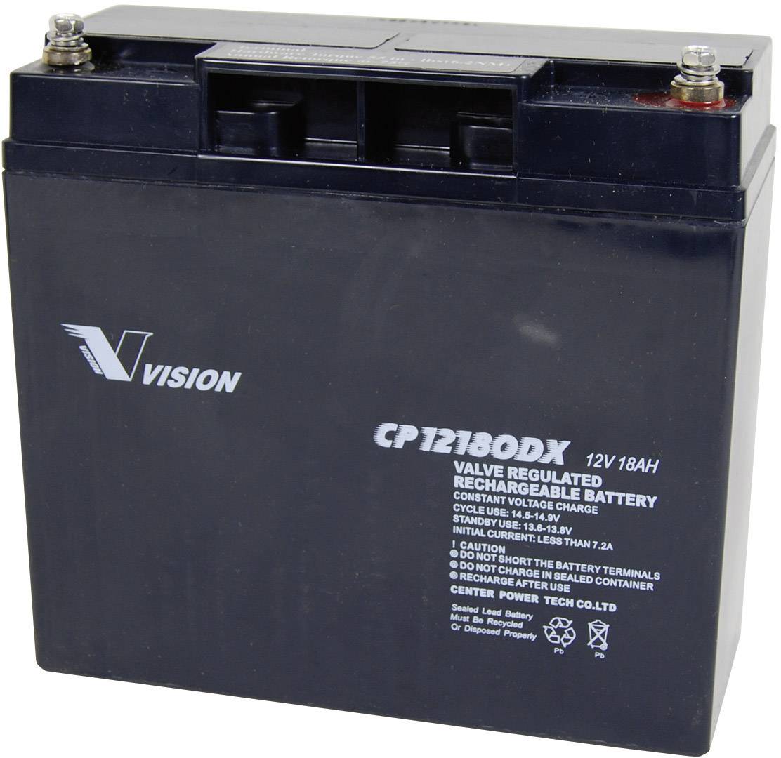 Dobíjateľná batéria s nápisom 'Vision CP12180DX 12V 18Ah'. Čierne, obdĺžnikové puzdro.