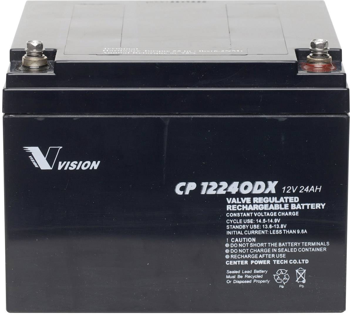 Čierny nabíjateľný olovo-gélový akumulátorový blok s nápisom 'Vision CP12240DX 12V 24AH', ideálny pre núdzové napájanie.