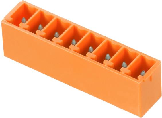 Oranžový plastový konektor s desiatimi kontaktnými prvkami, vhodný na prepojenie elektrických vedení.