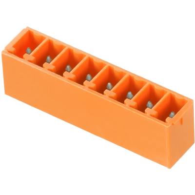 Oranžový plastový konektor s desiatimi kontaktnými prvkami, vhodný na prepojenie elektrických vedení.