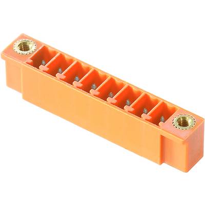 Oranžový elektrický konektor s viacerými zásuvkami a zlatými skrutkovacími konektormi na oboch koncoch.