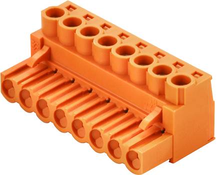 Oranžový konektorový blok s ôsmimi kontaktmi, vhodný pre elektrické zapojenia v elektronických zariadeniach.