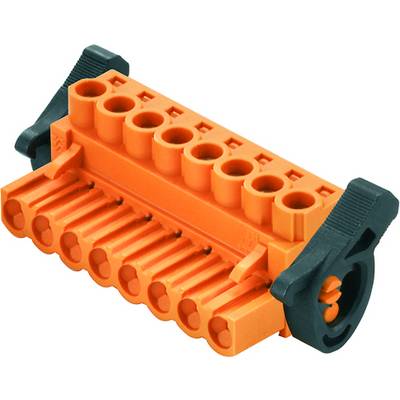 Oranžový elektrický konektor s jedenástimi otvormi a dvomi čiernymi rukoväťami na každej strane.