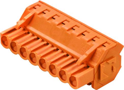 Oranžový plastový konektor s viacerými zásuvkami, slúži na elektrické prepojenie káblov.