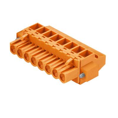 Oranžový konektor s viacerými portami a skrutkovými spojmi, vhodný pre elektronické alebo elektrické aplikácie.
