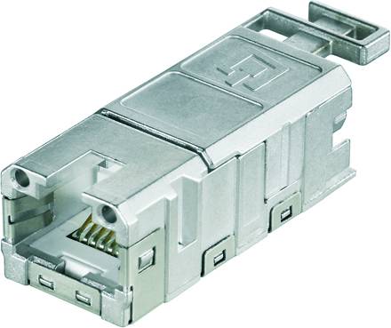 Kovový RJ45 konektor v detailnom zábere, zobrazuje zásuvkové a zaisťovacie mechanizmy na pripojenie sieťových káblov.