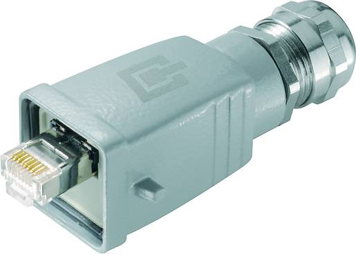 Sivý priemyselný RJ45 konektor, tienený a odolný, navrhnutý pre ethernetové pripojenia v náročných podmienkach.