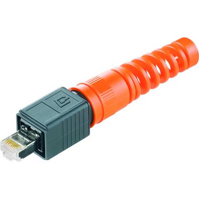 Oranžový ethernetový konektor s ochranným krytom.
