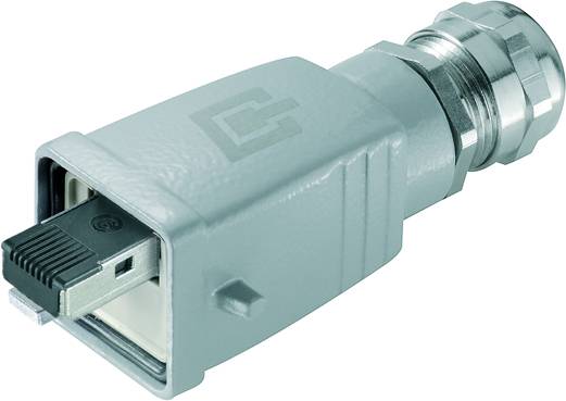 Priemyselný konektor s RJ45 zástrčkou, pevne pripojený k robustnému sivému krytu, vhodný do drsných prostredí.