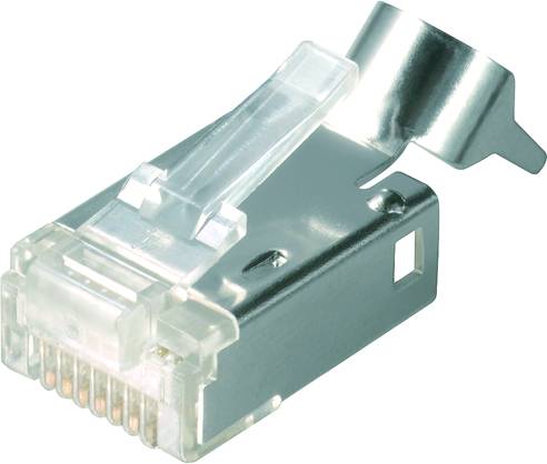 RJ45 konektor s kovovými a plastovými súčasťami, používaný na pripojenie sieťových káblov v počítačových sieťach.