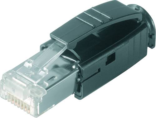 Ethernetová zástrčka s čiernym ochranným krytom, vhodná pre sieťové pripojenia. Vľavo sú viditeľné kontaktné body.