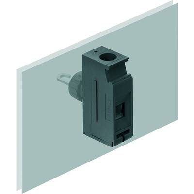 Čierny elektrický konektor je pripevnený na šedom povrchu. Má obdĺžnikový tvar a zdá sa byť izolovaný.