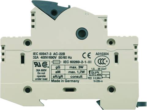 Elektronický ochranný spínač s potlačou: 'IEC 60947-3 AC-22B 32A 400V/690V 50/60 Hz'. Vyrobené v Nemecku.