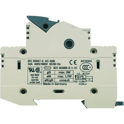 Elektronický ochranný spínač s potlačou: 'IEC 60947-3 AC-22B 32A 400V/690V 50/60 Hz'. Vyrobené v Nemecku.