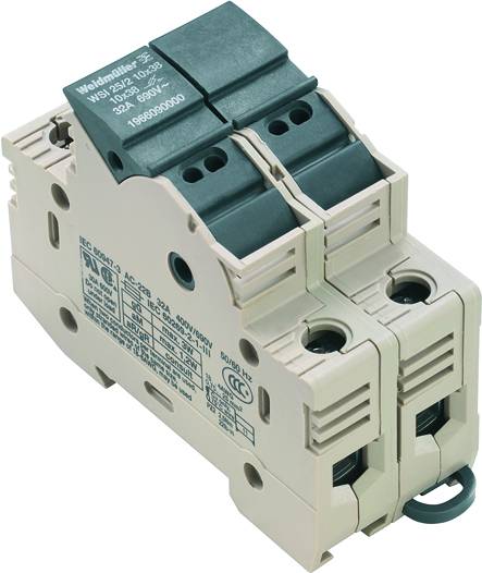 Výkonový istič s dvomi spínačmi a podrobným označením. Používa sa v elektrických rozvádzačoch na ochranu pred nadprúdom.