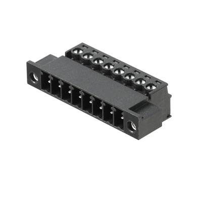 Čierny elektrický konektor s viacerými vývodmi, vhodný na prepojenie káblov v elektronických zariadeniach.