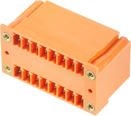 Oranžový elektrický konektor s viacerými pripojeniami a dvoma skrutkovými otvormi v rohoch. Navrhnutý pre priemyselné aplikácie.