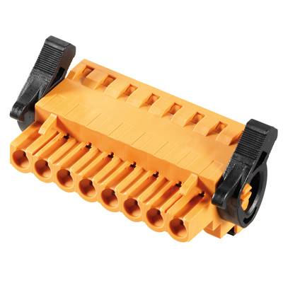 Oranžový konektor s ôsmimi zásuvkami a čiernymi upevňovacími svorkami po stranách.