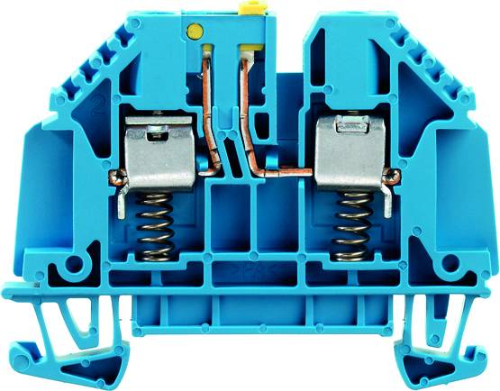 Modrá elektrická svorkovnica s pružinovým mechanizmom a kovovými kontaktmi na pripojenie vodičov v elektrických obvodoch.