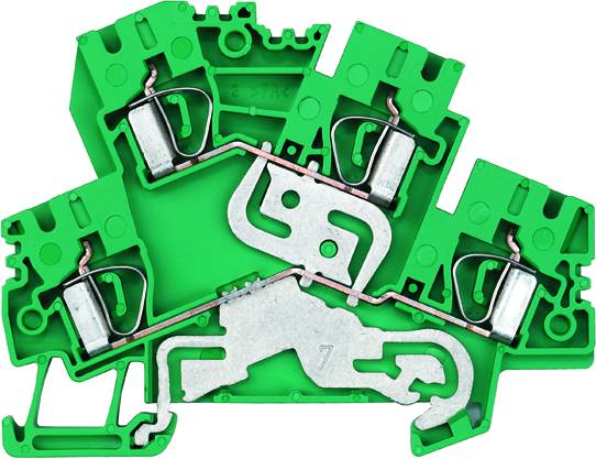 Zelený elektrický svorkovnicový blok s kovovými kontaktmi a káblovými pripojeniami, používaný na prepájanie vodičov v elektrických obvodoch.