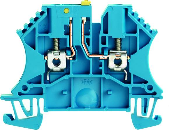 Modrý elektrický svorkovnicový blok v detailnom zábere, zobrazujúci vnútorné kovové svorky a pripájacie mechanizmy.