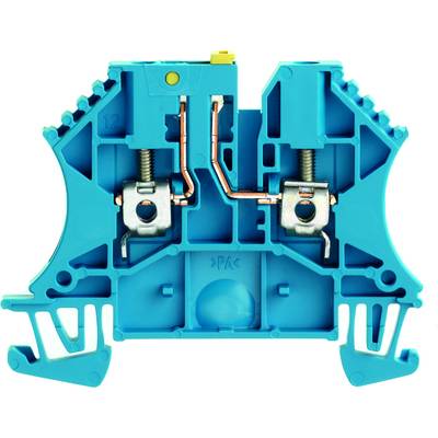 Modrý elektrický svorkovnicový blok v detailnom zábere, zobrazujúci vnútorné kovové svorky a pripájacie mechanizmy.