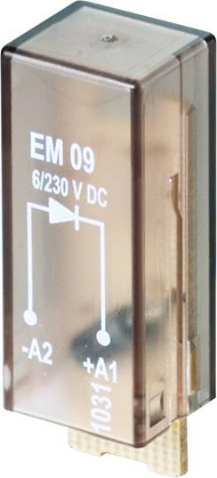 Priehľadný elektromagnetický menič EM 09, 6/230 V DC. Zobrazuje schému zapojenia s označením '+' a '-' pre A1 a A2.