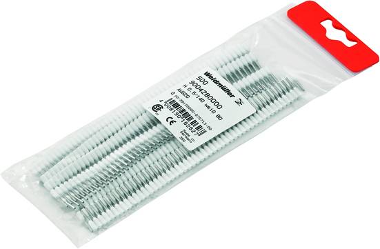 Balenie s 500 bielymi sťahovacími páskami značky Weidmüller, model BE, 10 cm dlhými, s certifikáciou CE.