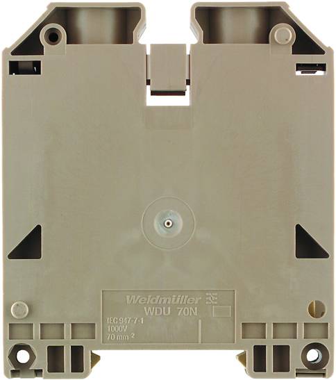 Sivý elektrický svorkovnicový blok od Weidmüllera, model 'WDU 70N', špecifikovaný pre 1000V a 70mm², s upevňovacími otvormi.