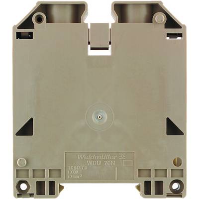 Sivý elektrický svorkovnicový blok od Weidmüllera, model 'WDU 70N', špecifikovaný pre 1000V a 70mm², s upevňovacími otvormi.