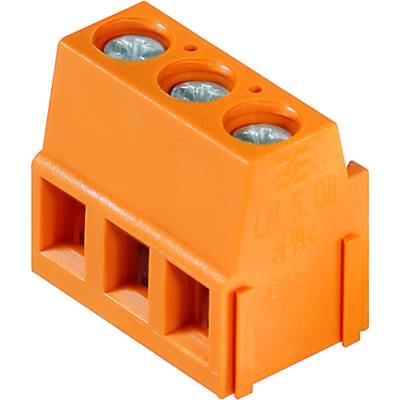 Oranžový konektor s tromi skrutkovými svorkami, model 'PHOENIX CONTACT 1803585', vhodný pre montáž na dosku plošných spojov.