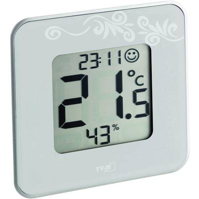 Elektronický teplomer a vlhkomer ukazuje 23:11, 21,5 stupňov Celzia a 43% vlhkosti vzduchu. Symbol smajlíka v pravom hornom rohu.