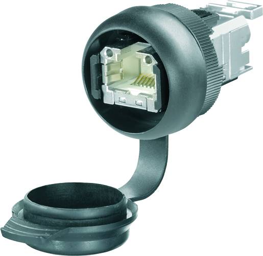 RJ45 konektor s výklopným ochranným krytom, vhodný pre sieťové zariadenia, zdôrazňujúci odolnosť a jednoduchú inštaláciu.