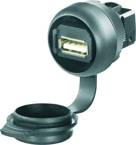 Čierny USB konektor s ochranným krytom, otvorený, pohľad spredu. Je to montážny konektor pre elektronické zariadenia.