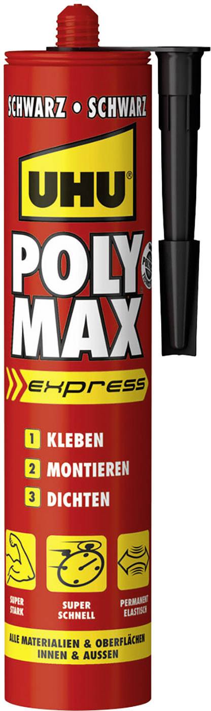Klebertube 'UHU Poly Max Express': na lepenie, montáž, tesnenie. Vhodný pre všetky materiály a povrchy, vnútri aj vonku.