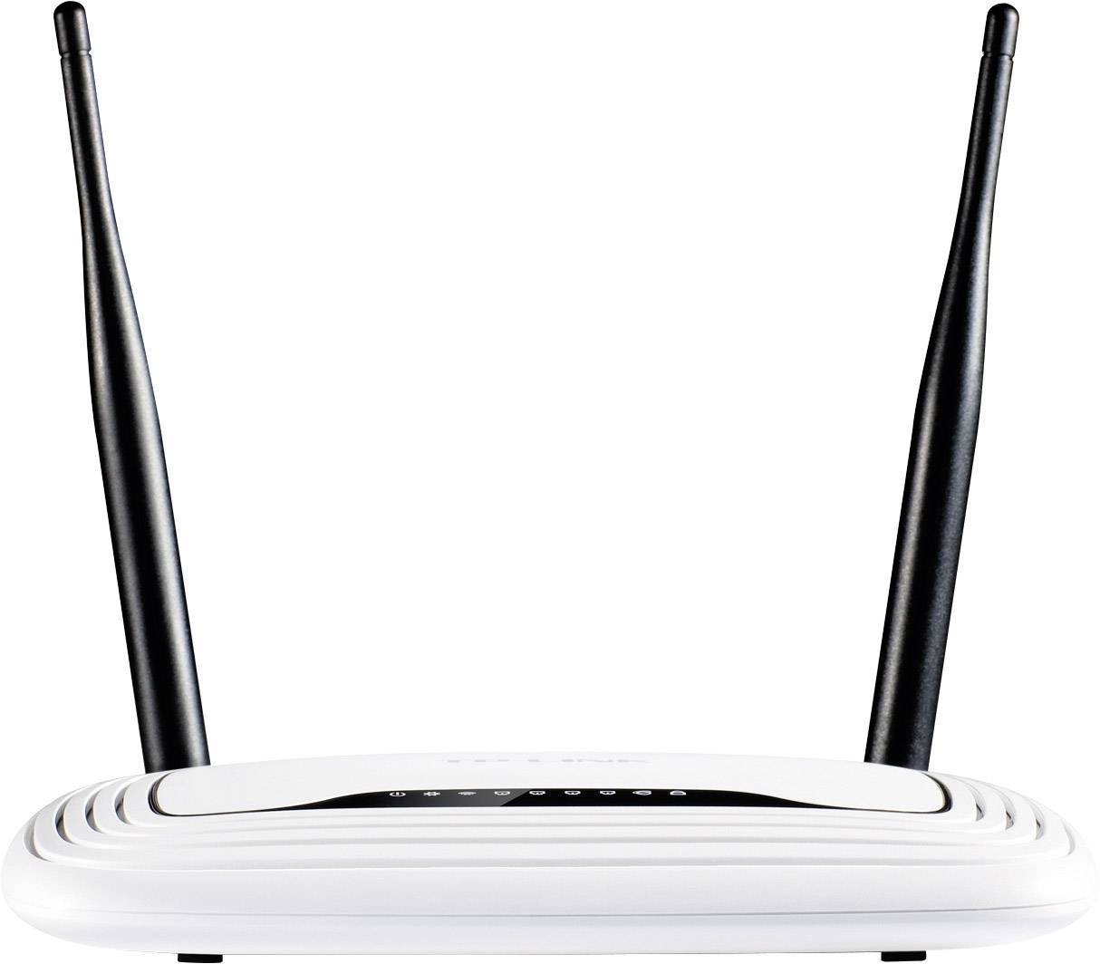 Smerovač WLAN s dvoma čiernymi anténami, umiestenými centrálne. Zariadenie je biele s niekoľkými čiernymi detailmi a odlišuje sa od pozadia.