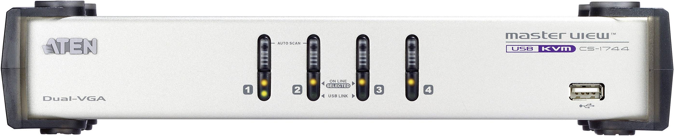 Strieborný ATEN KVM prepínač so štyrmi tlačidlami na výber počítačov. Označenie: 'Master View', model 'CS-1744', USB port vpravo.