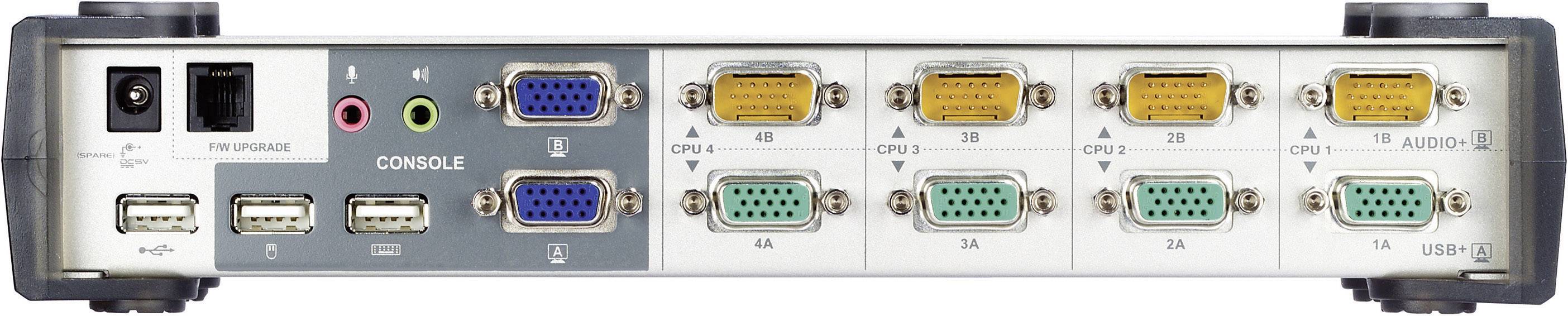 KVM prepínač s viacerými VGA, audio a USB portmi pre konzoly a šesť počítačov. Obsahuje ethernetové a mikrofónové konektory.