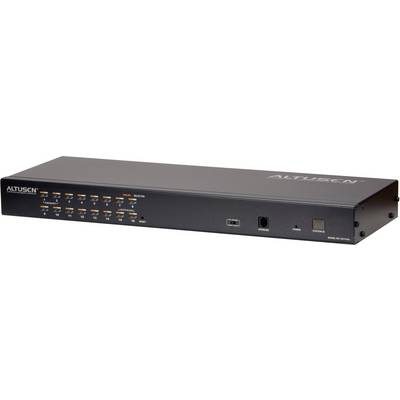 Čierna sieťová prepínacia jednotka s viacerými ethernetovými portami, USB a sieťovým pripojením. Potlač: 'ALTUSEN'. Hlavné zariadenie v IT sieťach.
