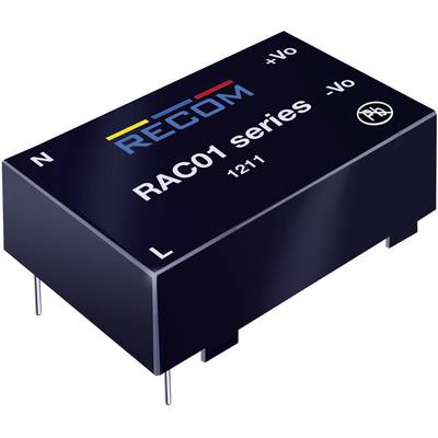 Čierny obdĺžnik s nápisom 'RECOM RAC01 séria'. Zobrazuje elektronické pripojenia komponentov a značenia polarity.