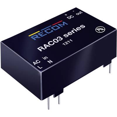 Čierny sieťový napájací modul série RAC03 od RECOM-u s AC vstupom a DC výstupom, pre elektronické aplikácie.