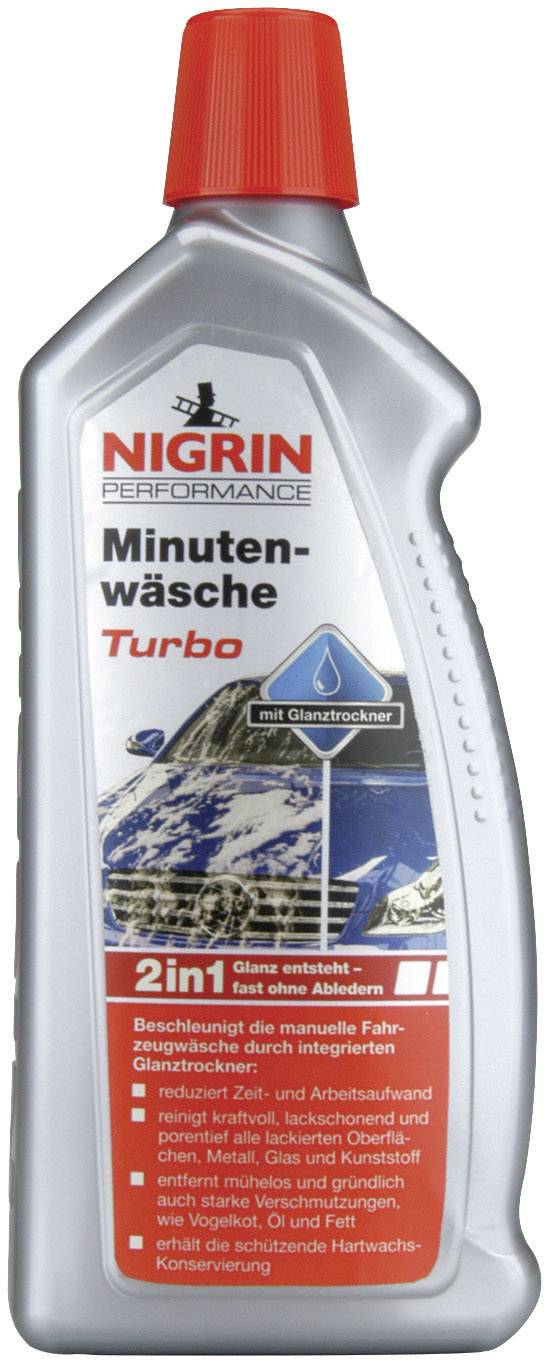 Fľaša 'NIGRIN Minútové umývanie Turbo', čistiaci prostriedok na autá s rýchlym leštiacim sušičom, vhodný na umývanie automobilu.