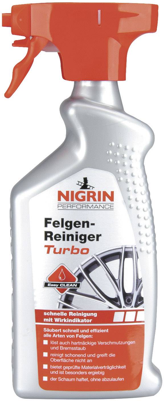 Sprej s nápisom 'Nigrin Performance Čistič kolies Turbo'. Na etikete je obrázok automobilového kolesa.
