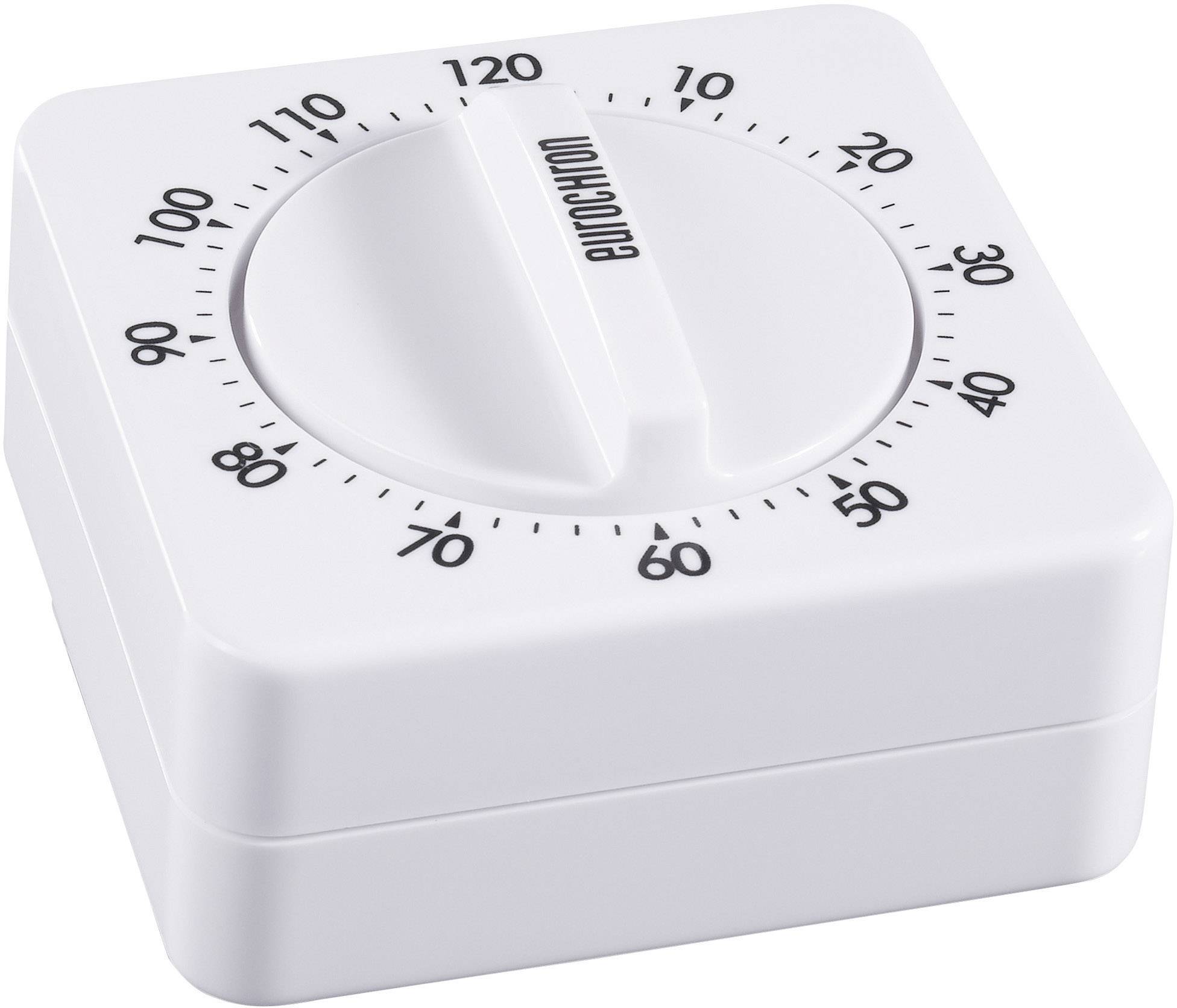 Biely kuchynský časovač s čiernymi číslami zobrazujúcimi minúty od 0 do 120. Centrálne nastaviteľné koliesko je nastavené približne na 75 minút.