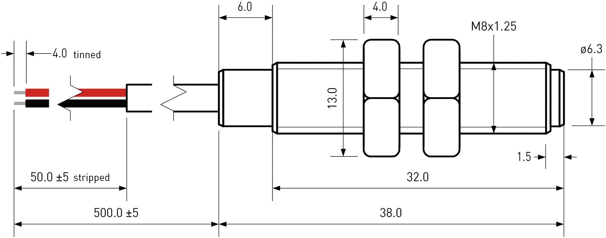 Elektrická schéma valcového konektora s rozmermi. Obsahuje priemer, dĺžku a závit konektora M8x1,25.