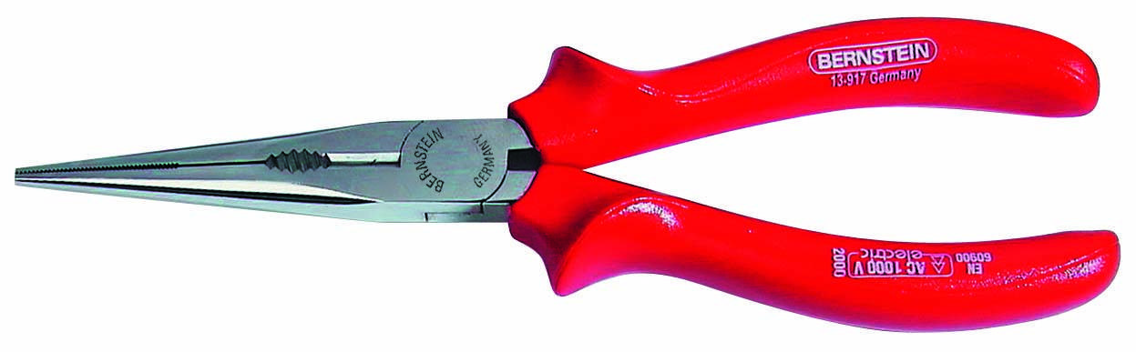 Červené špicaté kliešte s kovovým hrotom, označené logom 'Bernstein 3-601 Germany'. Vhodné pre presné práce v elektronickom priemysle.
