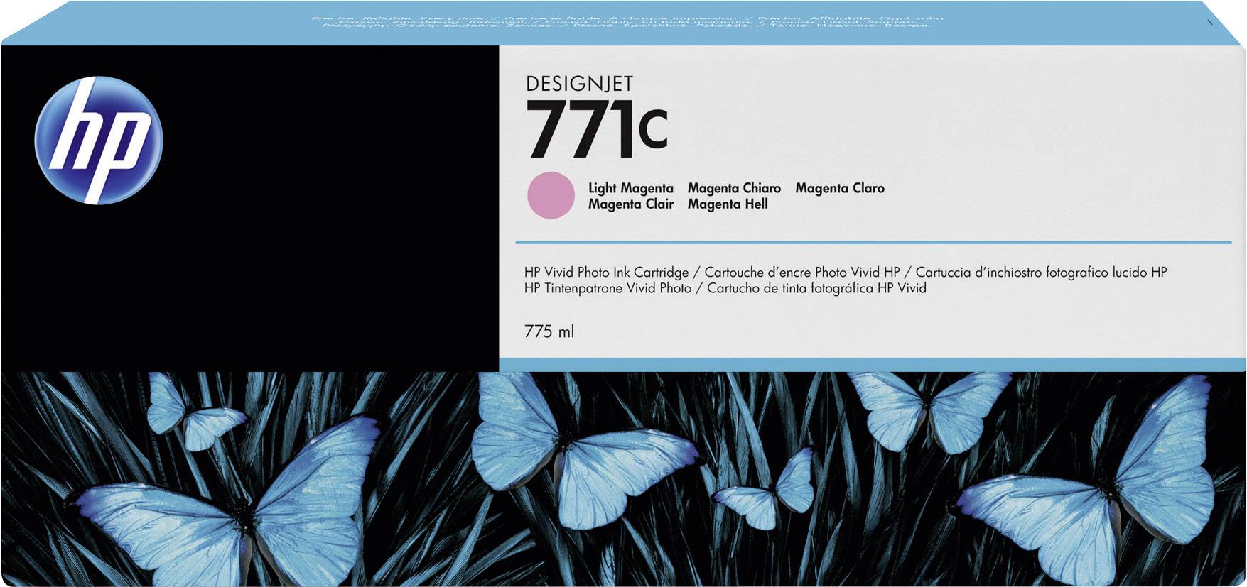 HP DesignJet 771c atramentová kazeta, obsahuje 775 ml purpurovej atramentovej farby, vhodná pre HP Vivid Photo. Balenie s modrými motýľmi.