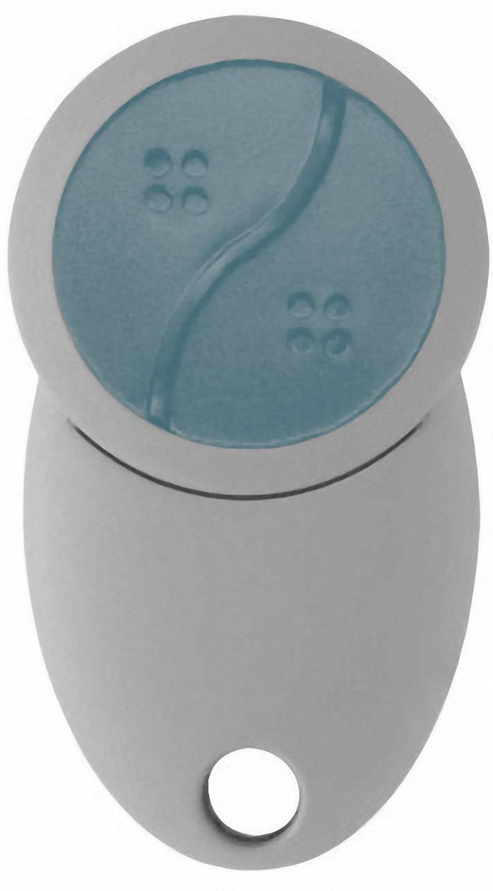 Oválne sivé zariadenie s modrým štruktúrovaným tlačidlom uprostred vpredu; dole sa nachádza otvor na upevnenie.
