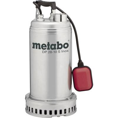 Strieborná ponorná čerpadlo s červeným plavákovým spínačom, nápis 'metabo DP 28-10 S Inox'.